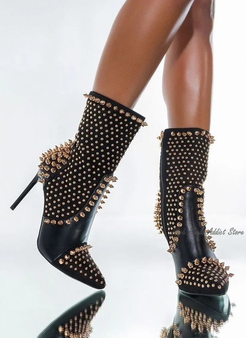 Black Studded Luxury Ankle Boots Women Sexy Full Stud High Heels Leather Booties Designer Party Stage Dress Shoes Free Shipping