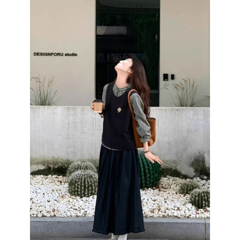 가을 신상 예술적 슬레 드 티피스 세트 레트로 스위트 하이엔드 에이지 디파이닝 패셔너블 여성용 롱 스웨터