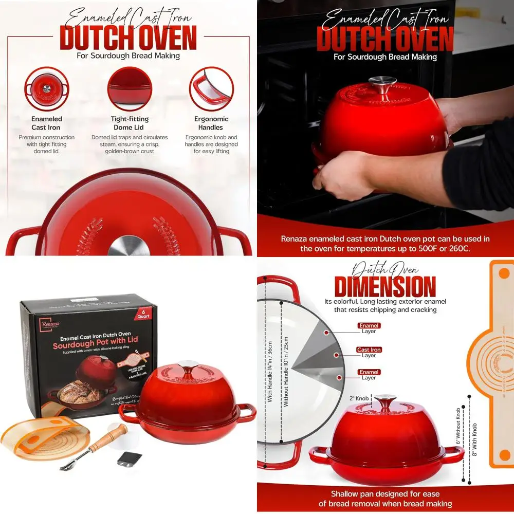 

Чугунная эмалированная жаровня (голландская печь) 6 QT для выпечки хлеба на закваске, запеканок и многого другого - диаметр дна 10 дюймов, в комплекте 5 лезвий для нарезки хлеба