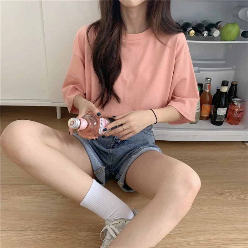 Camiseta de manga corta de talla grande para celebridades de Internet, tops holgados y versátiles de media manga para estudiantes Harajuku de estilo coreano de verano para mujer