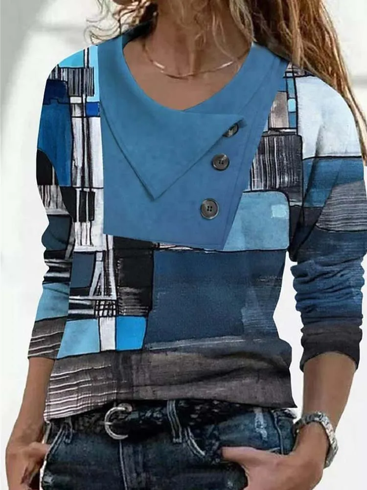 Mode Geometrie Druck T-Shirt Frauen Casual Herbst Taste Langarm Tops Chic Kreis Dekoration Tees 3XL – Detail 10