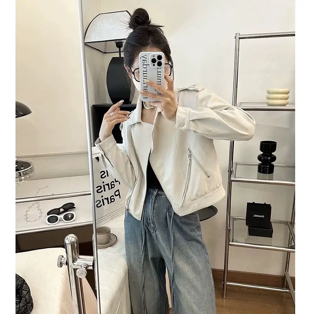 Women's Motorcycle Sle Leather Jaet Loose Fit Turn-down Collar ort Coat Upperwear Autumn New Arrival Premium Feeling