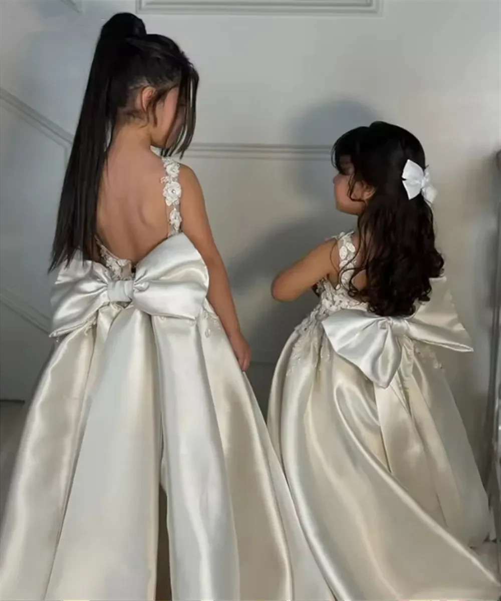فستان مخصص للفتيات من الساتان JDY مزين بالزهور على شكل حرف a ورقبة رسن فستان حفلات أعياد ميلاد الطفل فستان حفلات المشاهير #3