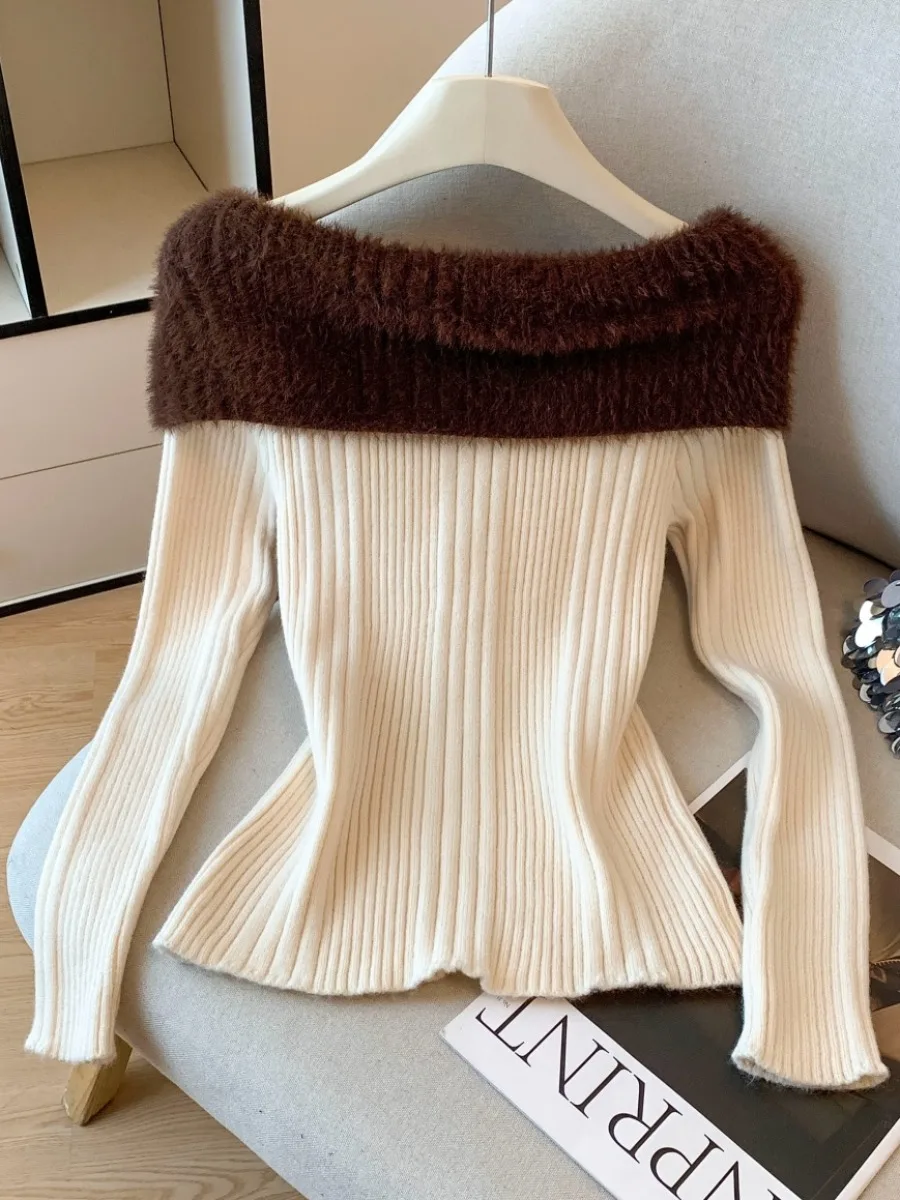 Oulder Bared Long Sve-suéter de punto ajustado para mujer, versión coreana, elemento de botón, fino Regular