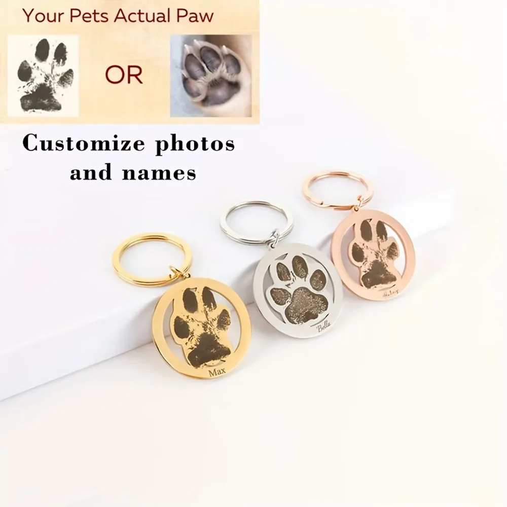 Custom Pet's Footprint Keychain Personalized Engraved Nameplate Stainless Steel Keyring For Family Members Birthday Jewelry Gift