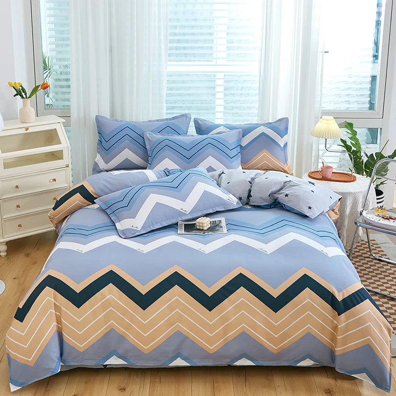 3 Pieces 100% Cotton Striped Duvet Cover Set, Soft Blue and Yellow Printed Reversible Design Zipper Comforter Covers Home Decor