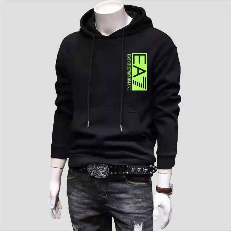 New Ea7 Printed Men's Pure Cotton Hooded Sweater Long Sleeve Spring and Autumn Winter Velvet Top Jacket Men's Regular