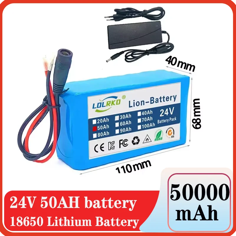 

NEW High-capacity 24V 50Ah 18650 Lithium Battery Pack - 6S2P 50000mAh Rechargeable Li-ion Battery with Fast Charger
