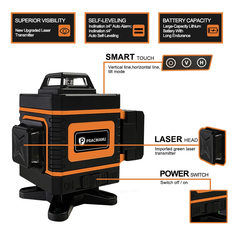 Pratico 16 linee livello Laser 4D orizzontale e verticale Cross Green Line livello Laser autolivellante a 360 ° con telecomando