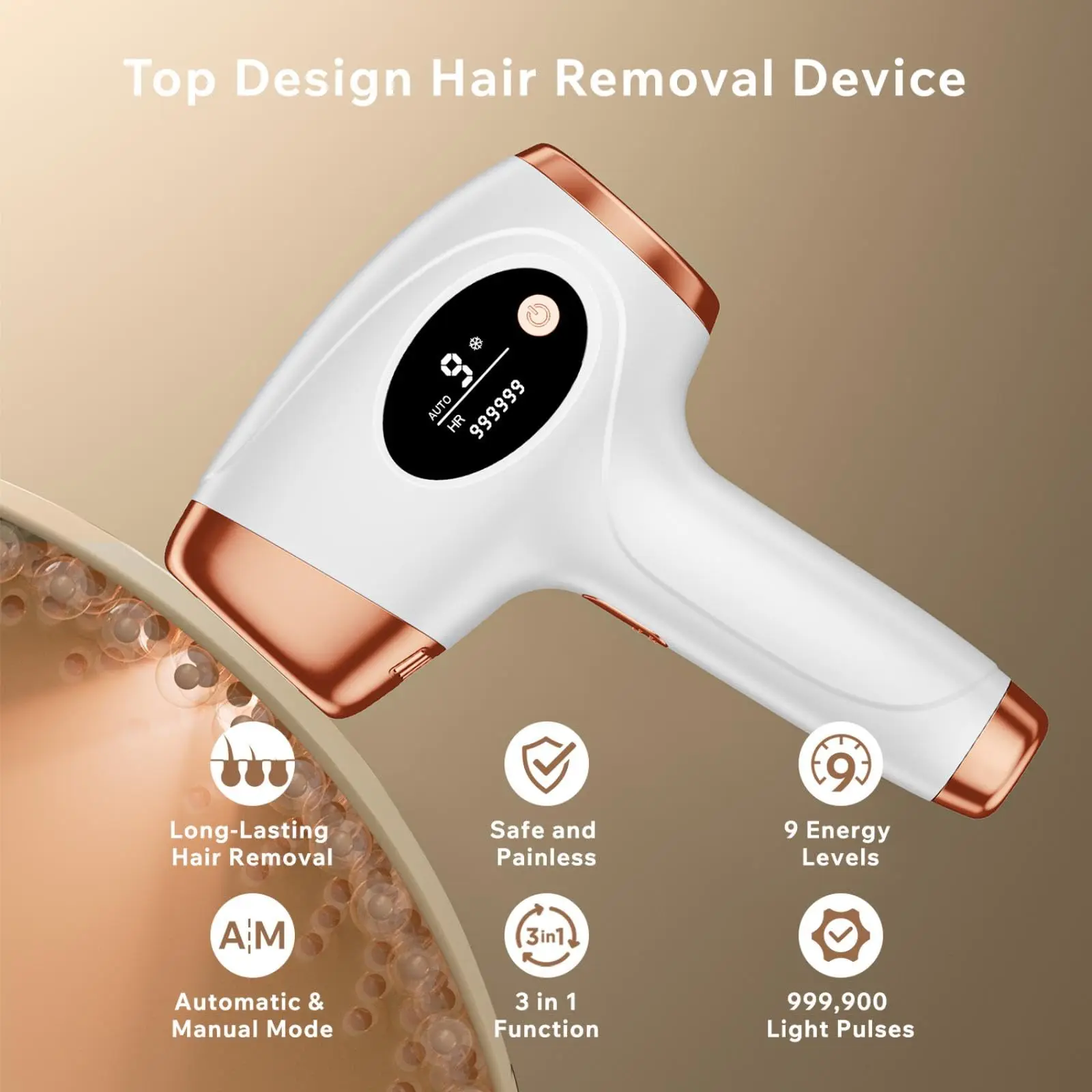 Dispositivo permanente indolor da remoção do cabelo do laser, remoção 3 em 1 do cabelo, flashes 999.900 + atualizados, modo 2, 9 níveis de energia