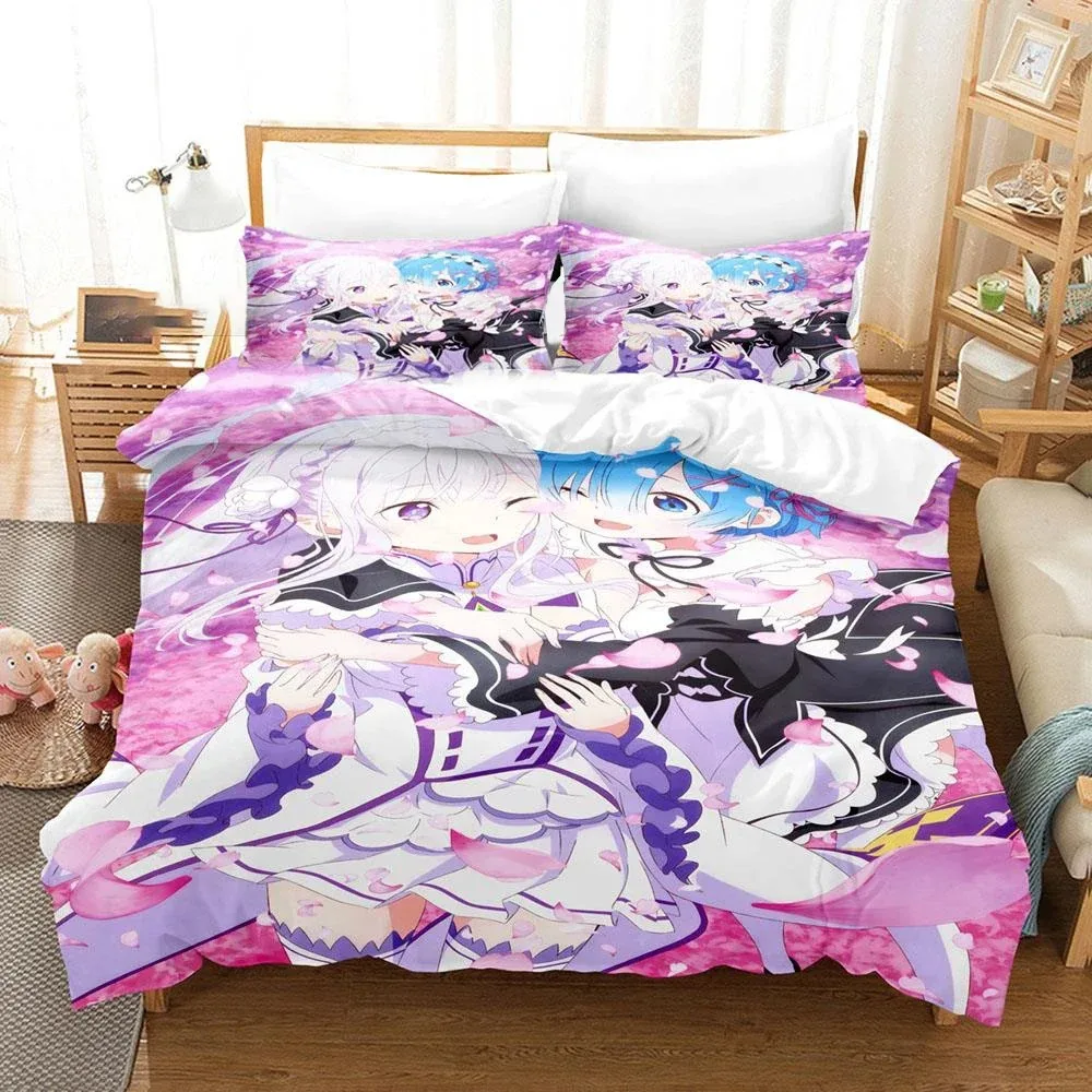 3D Printed Anime Re Zero Rem Ram Emilia Bedding Set Boys Girls Twin Queen Size Duvet Cover Pillowcase Bed Kids Adult Home