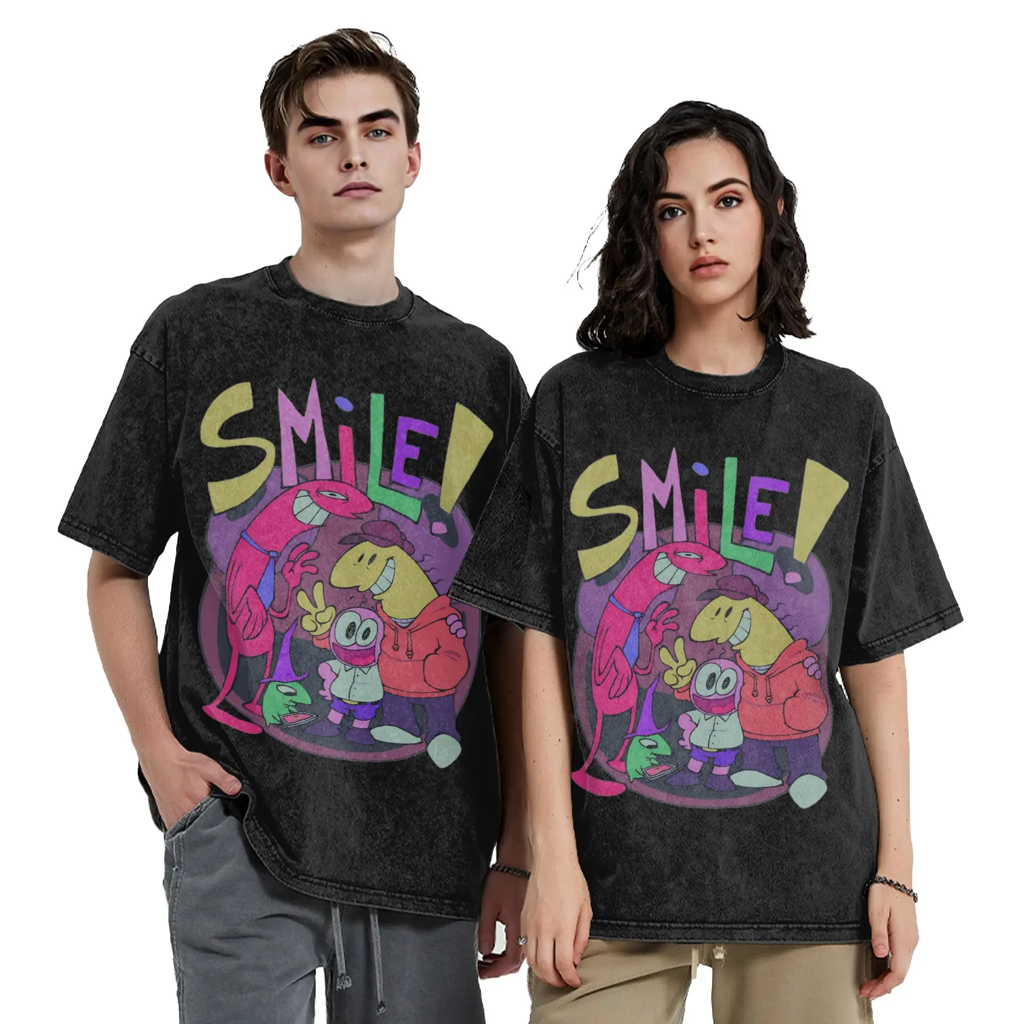 Smiling Friends Washed T Shirts Streetwear T-Shirts Charlie Pim Allan Glep Smile Tees for Men Women Short Sleeve High Street