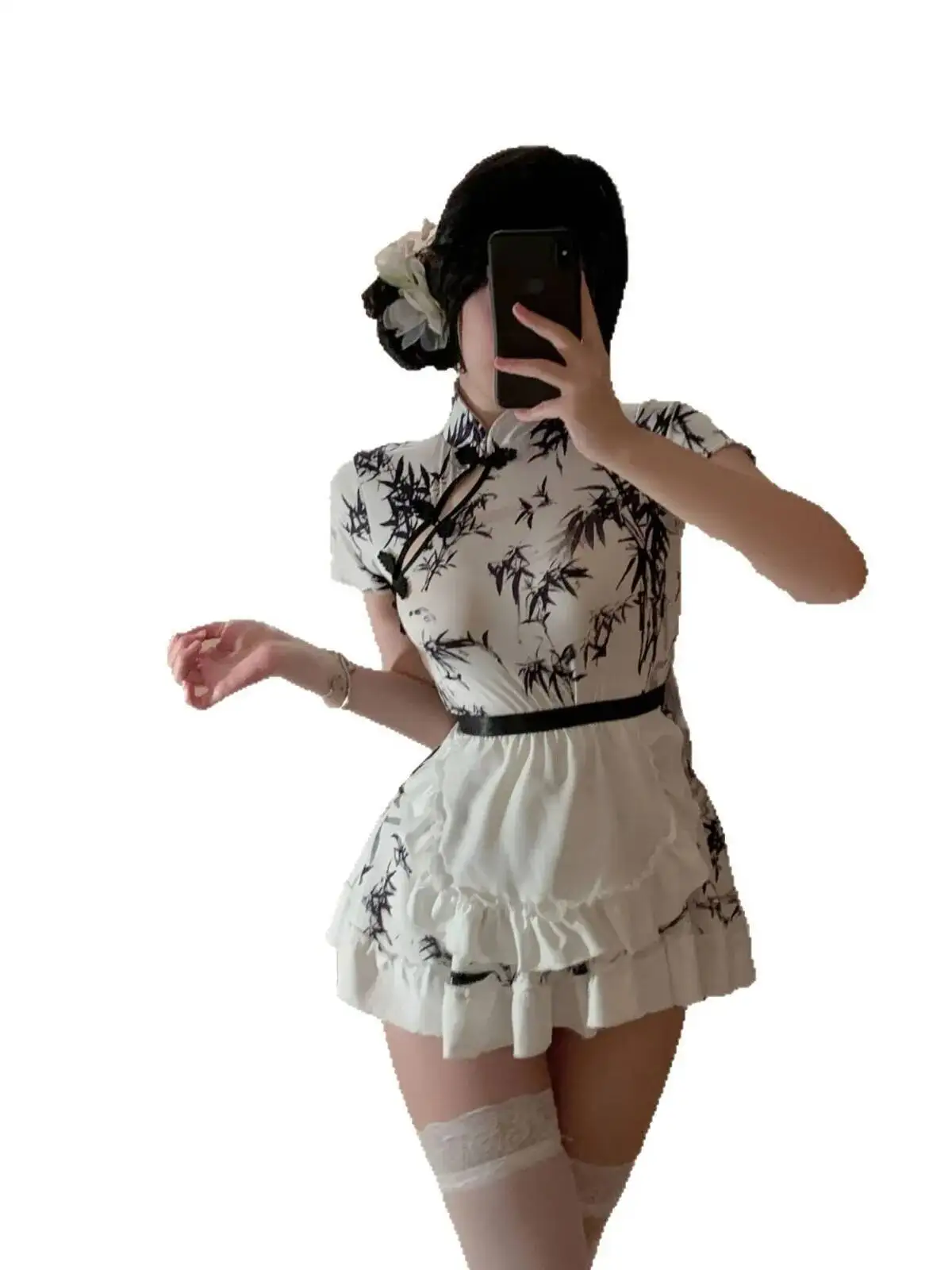 Abito cheongsam sexy con stampa di bambù con inchiostro in stile cinese Bowknot Il grembiule e la gonna della cameriera è rugoso all'estremità affascinante X1NC