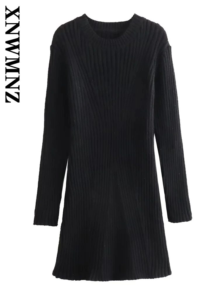 XNWMNZ 2024 Autumn woman\'s Casual Solid Color Knit Dress Mini Skirt Female Vintage O-Collar Long Sleeve Ruffles Regular Fit Top