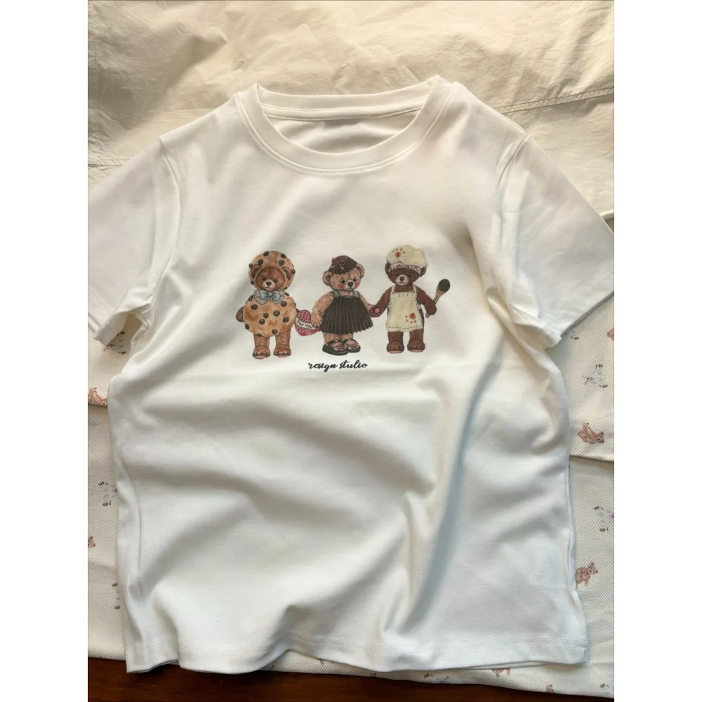 

White Teddy Bear Printed T-shirt Women Harajuku Y2k Tops Hip Hop Streetwear Female Clothes Round Neck Tee Men Oversized Clothing