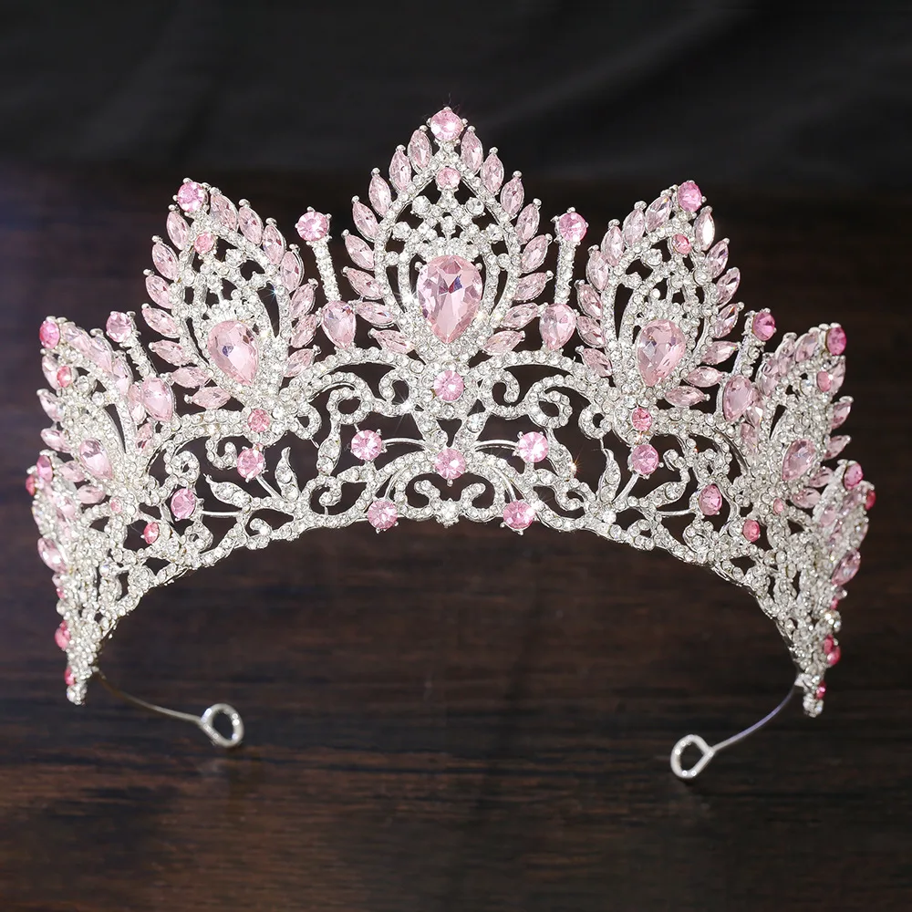 Baroque Queen Large Pink Crystal Rhinestone Tiaras Crowns Bridal Women Wedding Pageant Diadem Princess Party Hair Dress Jewelry
