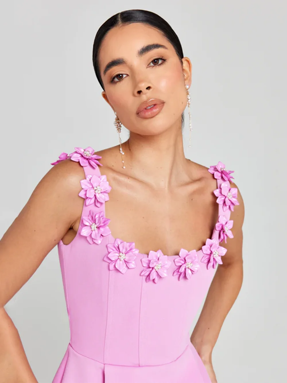 Modphy Elegant Sleeveless Appliques Diamond Flower High Waist A-line Mini Dress Women\'s Slim Fit Pink Birthday Party Short Dress