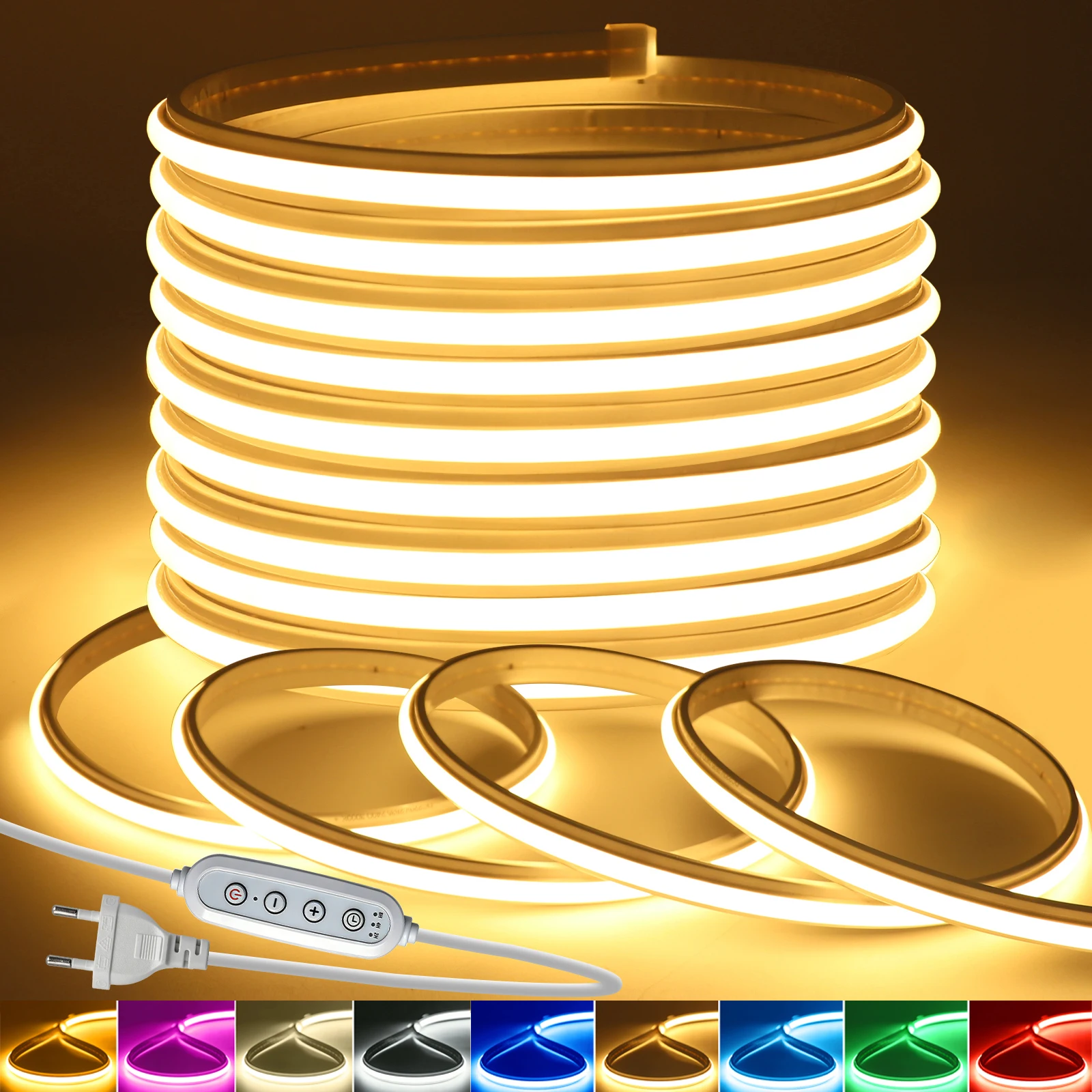 220V COB LED Neon Strip Light Ribbon Tape 4Key Dimmer EU Power 240LEDs/M Waterproof Red Green Blue Warm Natural White Flex Lamp