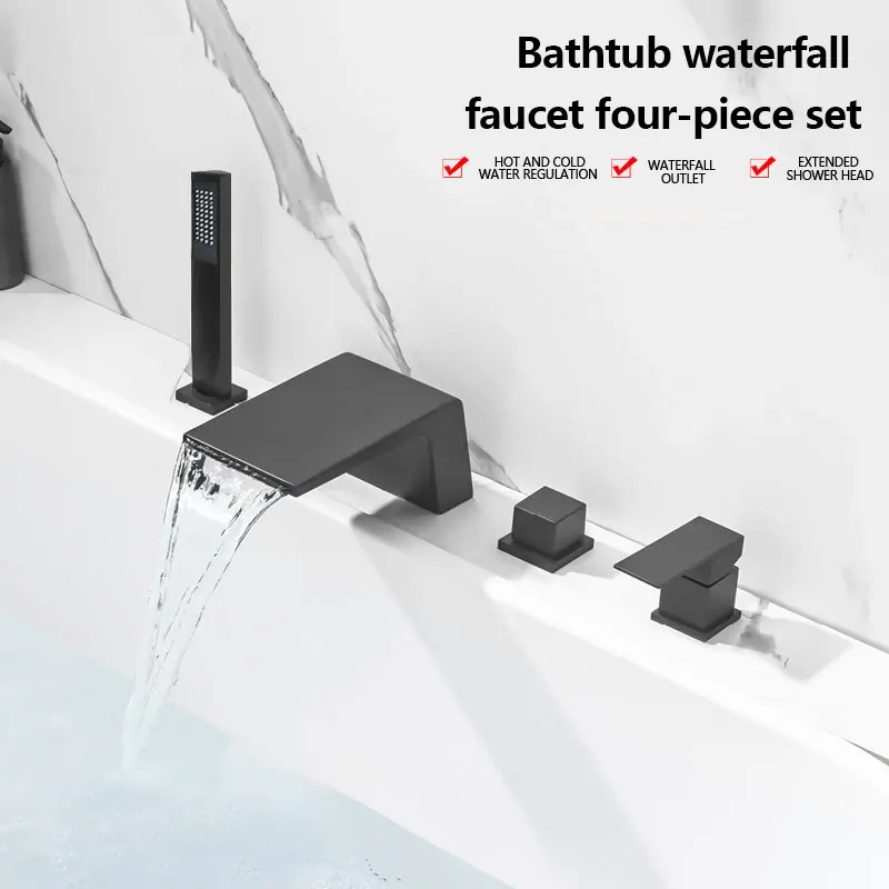 

All copper black branded bathtub faucet, cylinder side waterfall large flow valve, split built-in bathtub shower set