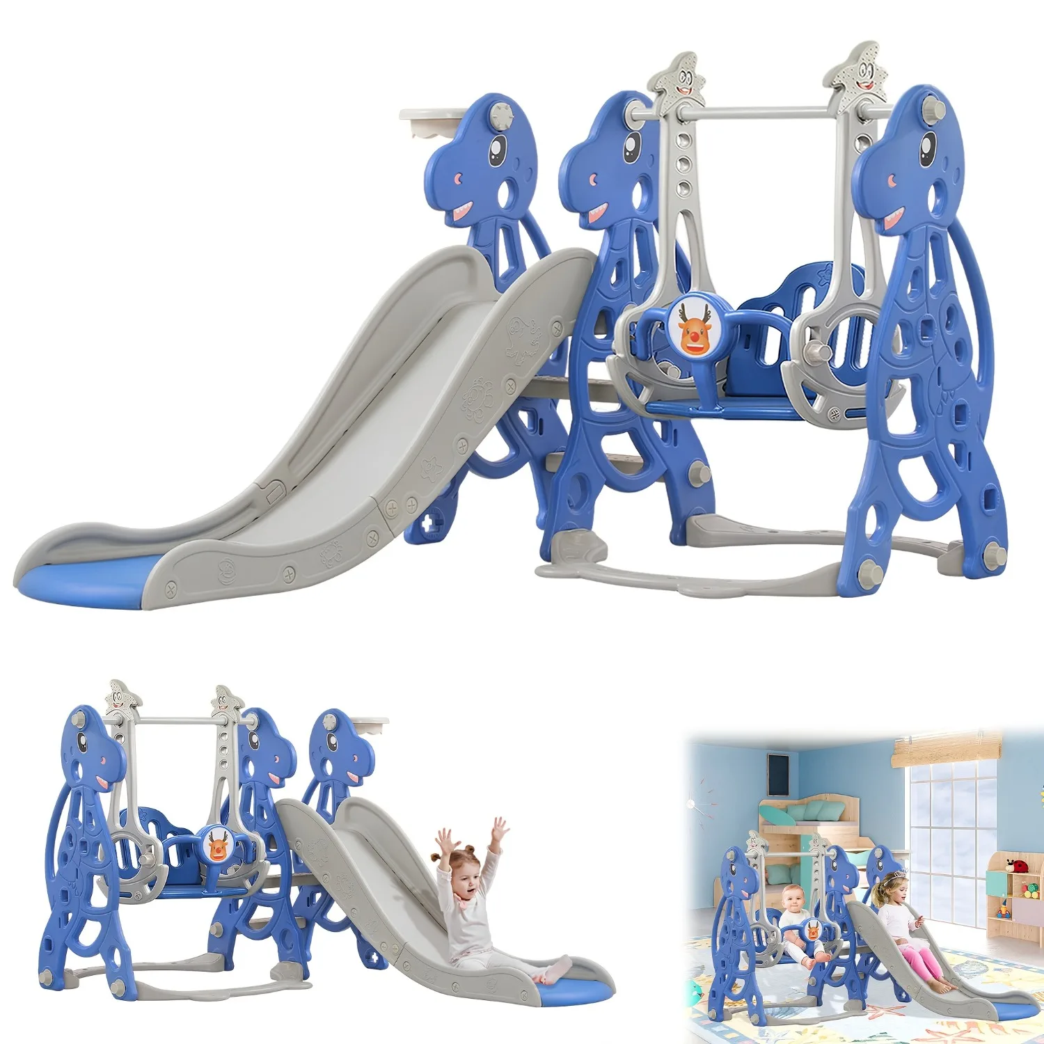 4 in 1 Toddler Slide & Swing Set Baby Slide for Toddlers with Basketball Hoop Indoor Outdoor Toddler Playset Christmas Gift