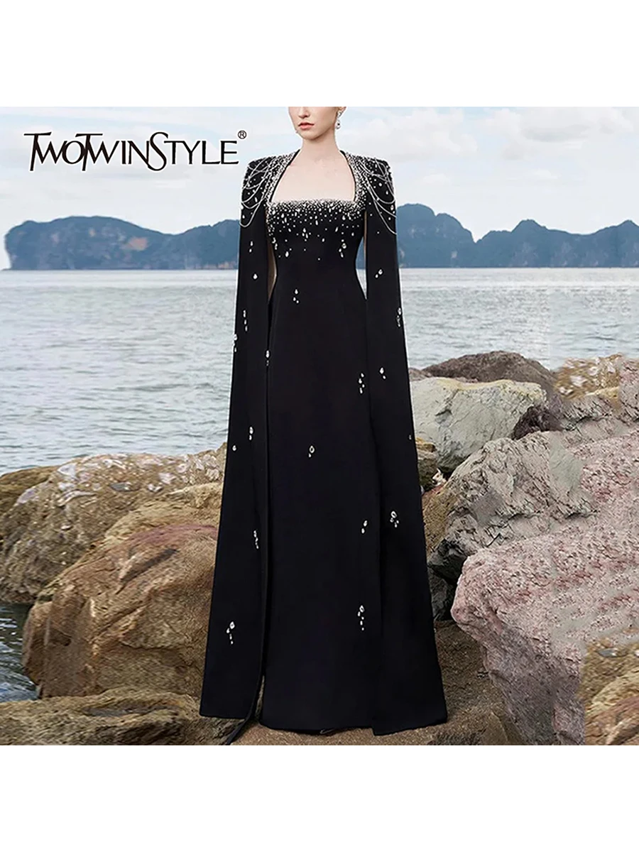 

TWOTWINSTYLE однотонные утягивающие платья с бриллиантами для женщин, темпераментное платье с квадратным вырезом и длинными рукавами, высокой талией, женское новое платье