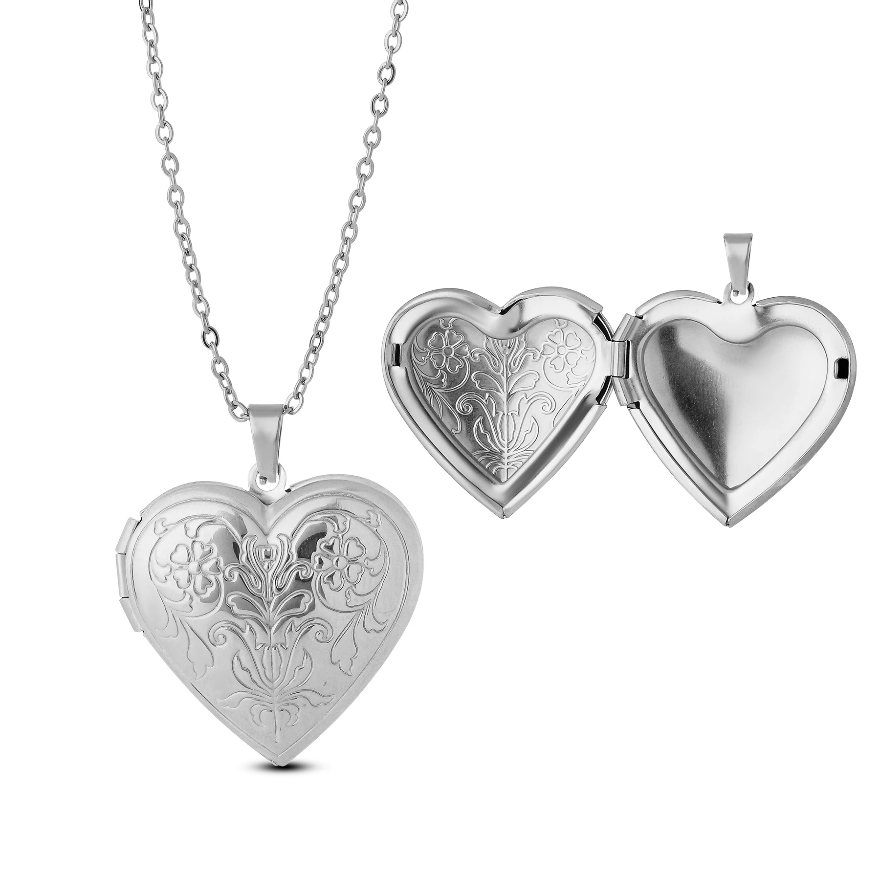Engraved Flower Heart Locket Necklace for Women Personalized Photo Necklaces with Picture Inside Fashion Memorial Jewelry Gift