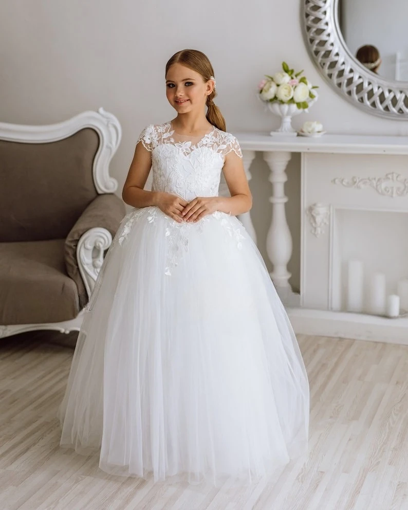 

Lace Flower Girl Dress Wedding Party Ivory Tulle Flower Girl Holy Communion Dress Pageant Dresses for Girls Princess Dress