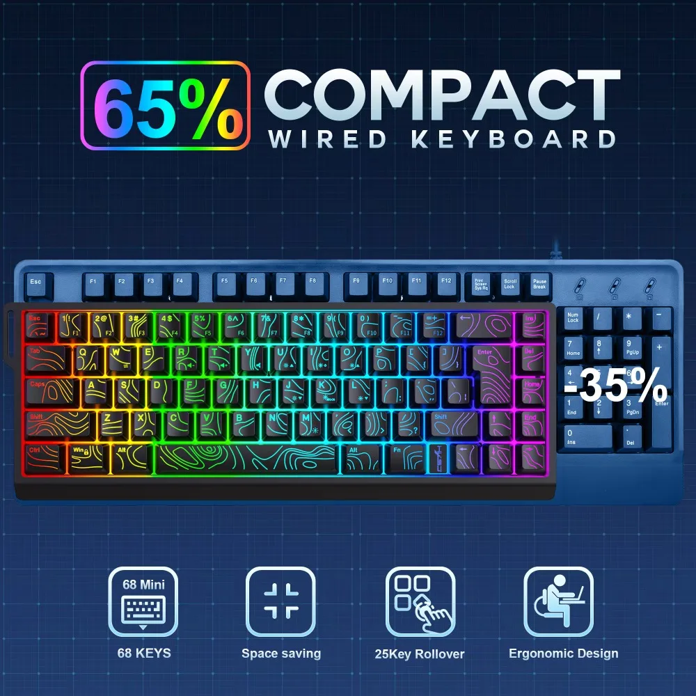 V68 68 Keys Compact Wired Membrane Gaming Keyboard Mechanical Feel RGB Backlit Detachable Type C Contour Keycaps for Laptop Mac