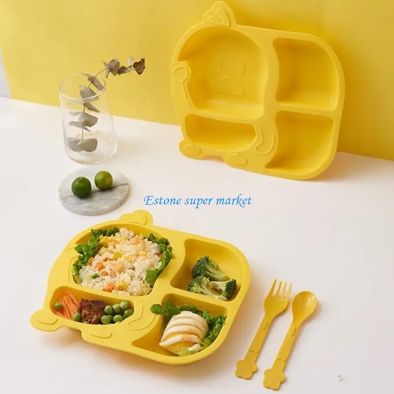 090B Cartoon Duck Bowl Cup Spoon Fork for Baby Kindergarten Divided Dinner Plate Anti-fall Tableware