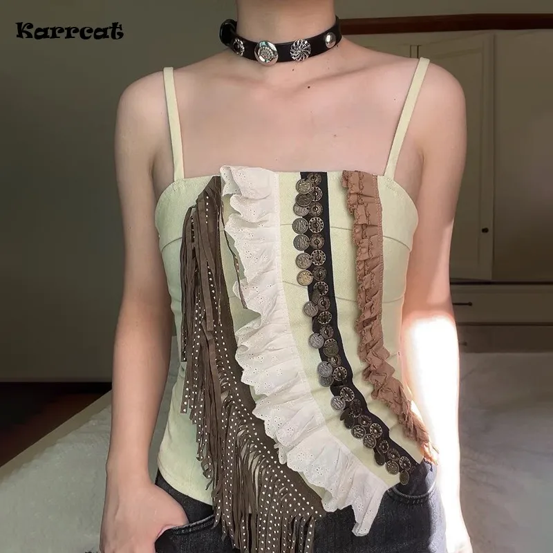 Karrcat Grunge Patchwork Camisole Vintage Tassel Tank Top Cottagecore Fairycore Cami Tops Chic Designer Clothes Y2k Streetwear