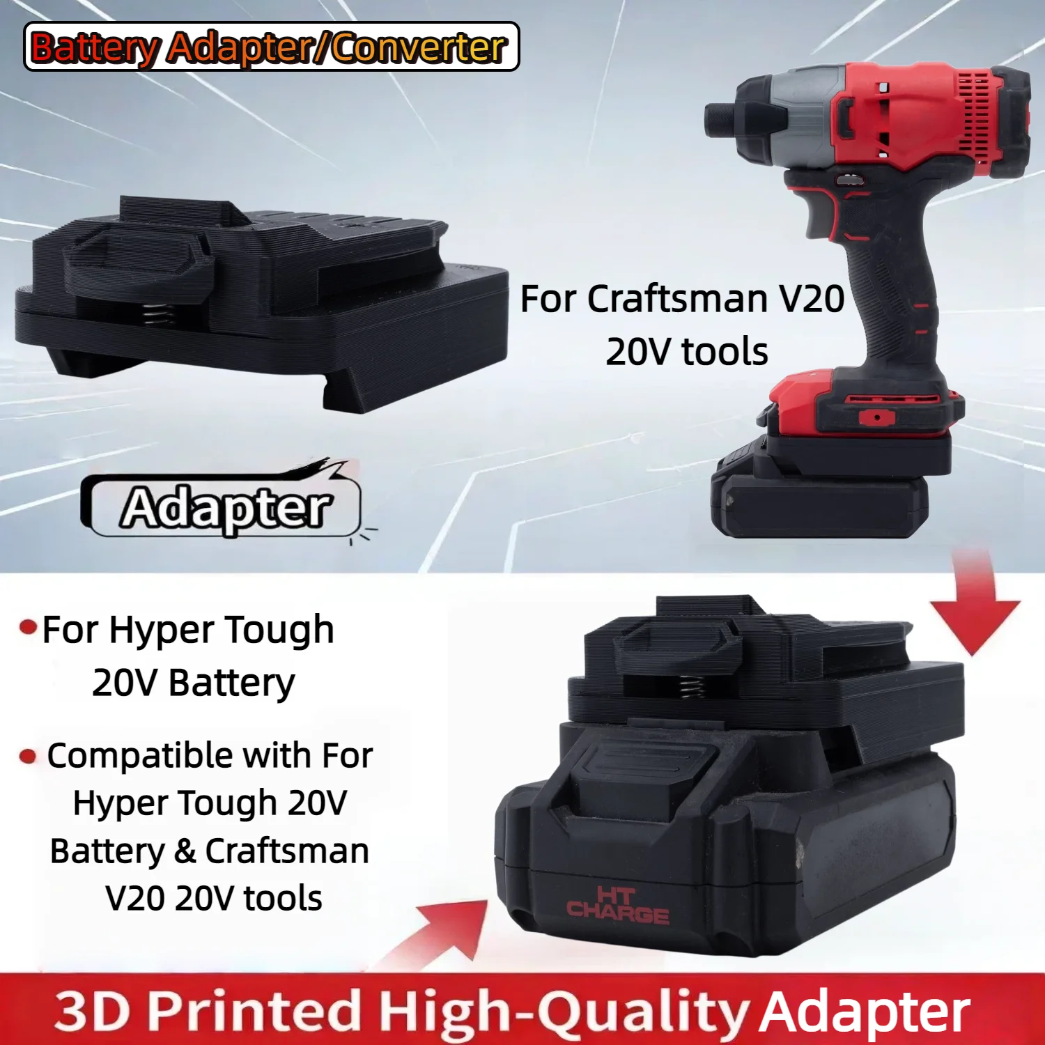 

Адаптер/конвертер для аккумуляторов Li-ion серии Hyper Tough 20V, совместимый с аккумуляторами Craftsman V20 20V для беспроводных инструментов (только адаптер)