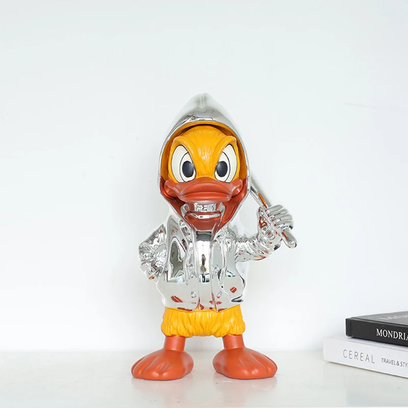 Custom creative trendy art toy figure modern home room decor accents resin handmade statue electroplated cartoon duck sculpture