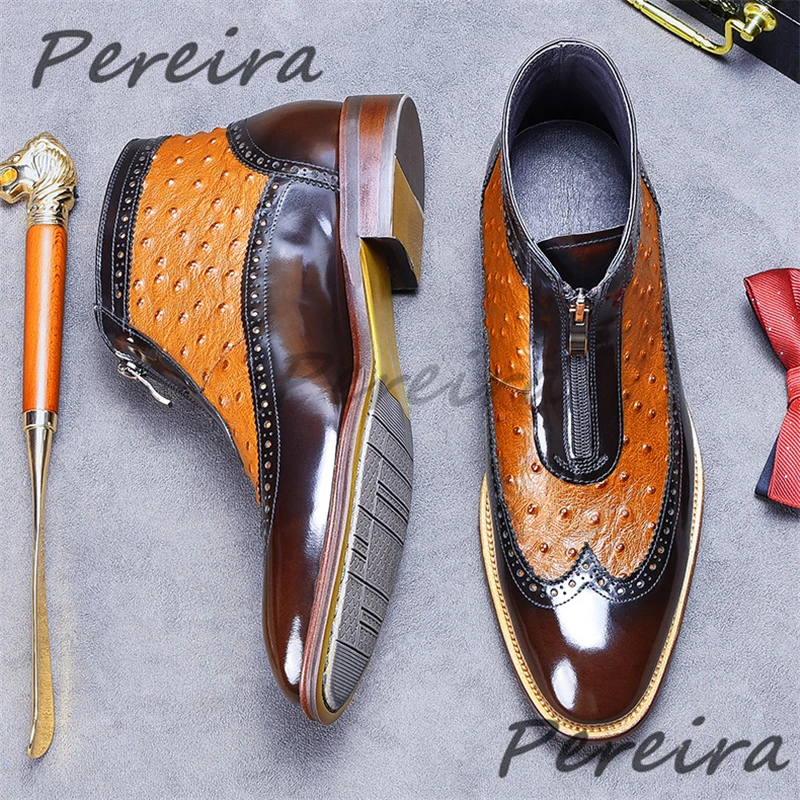 

Men's Mixed Colors Short Boots Trendy Ostrich Pattern Cowhide Front Zipper High Top Boots Spring Autumn New Banquet Dress Shoes