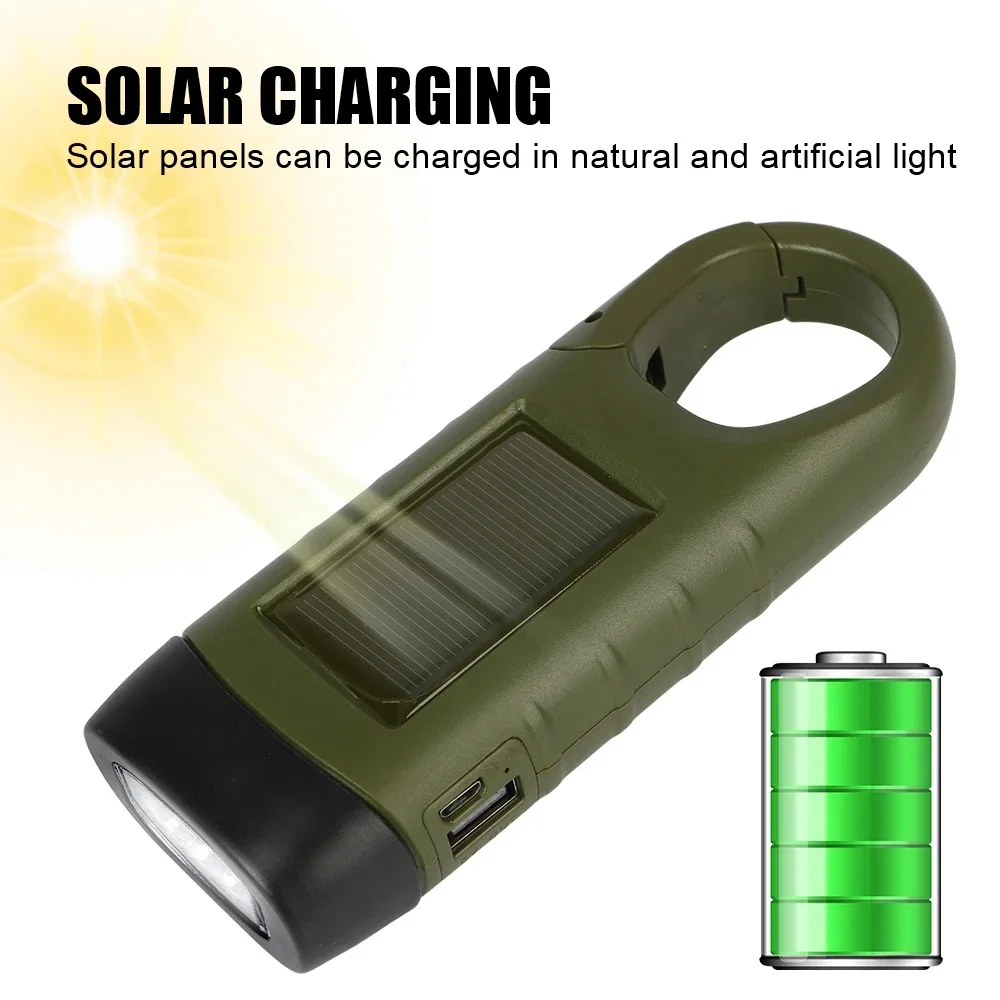 LED Flashlight Hand Crank Solar Powered Rechargeable Survival Gear Self Powered Charging Torch Dynamo for Fishing Boating Hiking