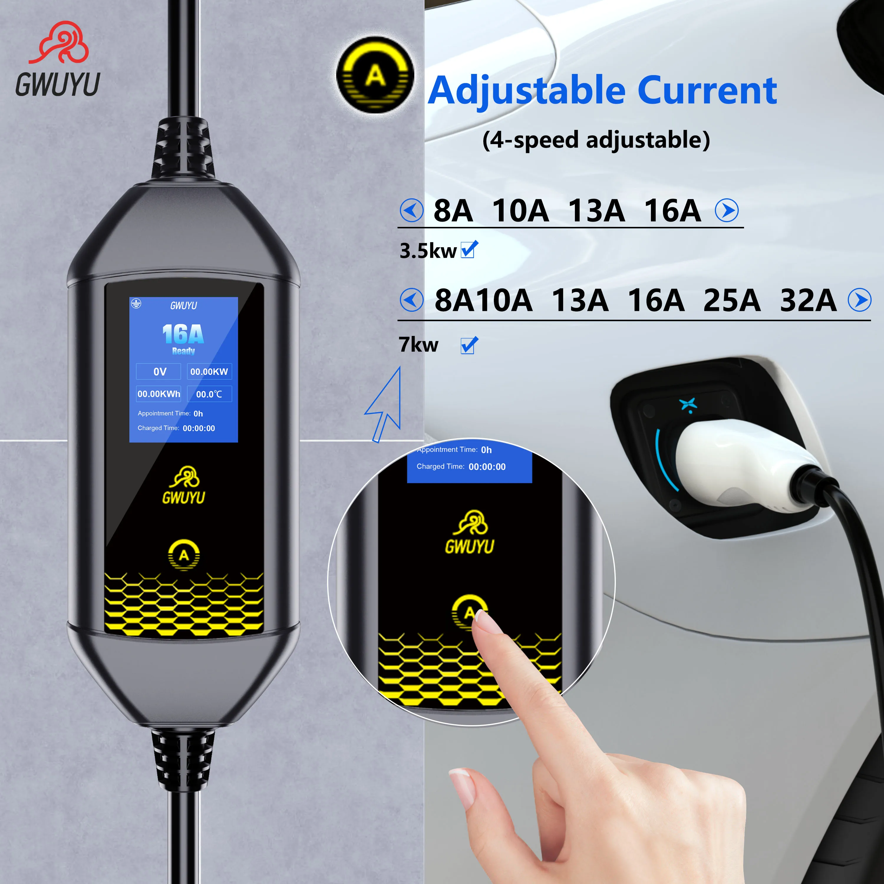 GWUYU 16A 3,5KW Typ2 Europäischer Standard-Stecker Tragbares Elektrofahrzeug-Ladegerät EVSE-Ladestation mit WLAN Bluetooth APP-Steuerung – Detail 12