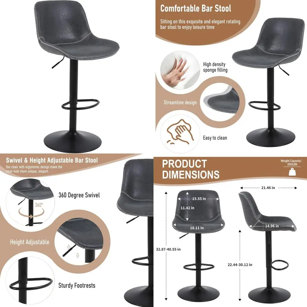 Verstellbare drehbare Barhocker mit Rückenstütze, moderne Stühle in Thekenhöhe, armlose Kücheninsel-Sitzoptionen aus Leder