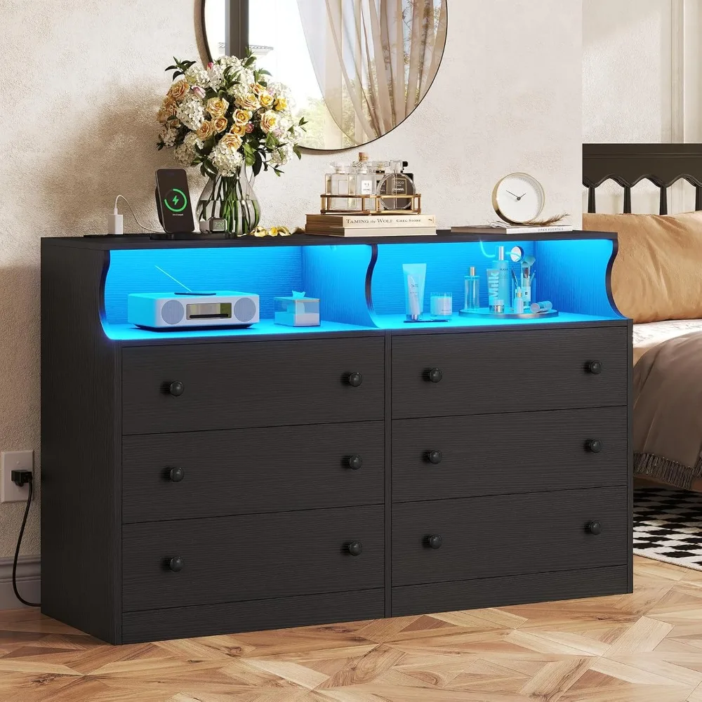 

6 Drawer Dresser with LED Lights and Charging Station, Wide Chest of 6 Drawers with Open Space, Modern Large Capacity Storage C
