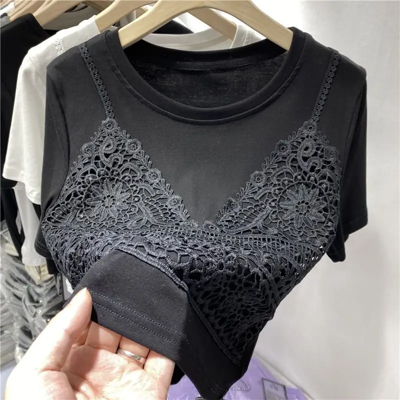 OCEANLOVE Lace Patchwork T Shirt for Women Fake 2 Pieces Spring Summer Korean Style Ropa De Mujer Vintage Simple Short Tees