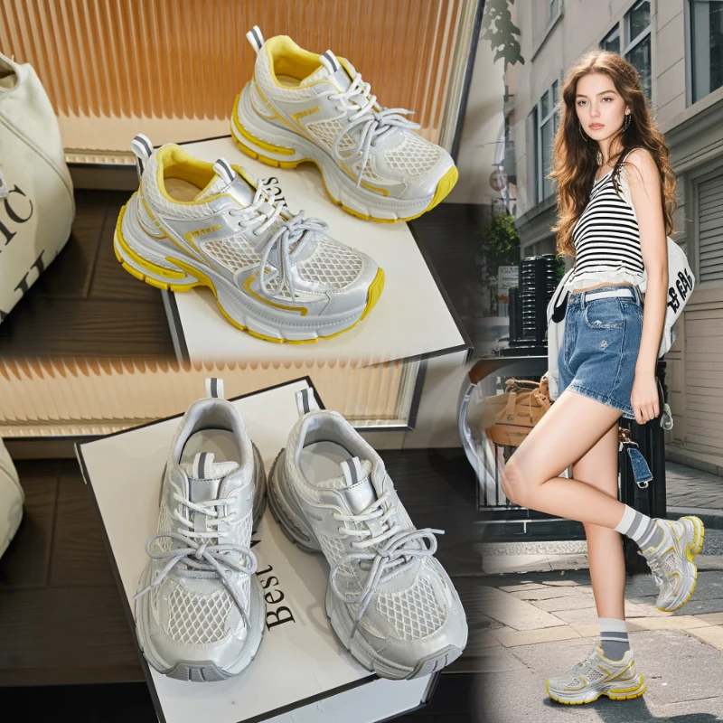 

Новые летние женские кожаные кроссовки на толстой подошве, дышащие сетчатые повседневные спортивные туфли на платформе, увеличивающие рост, для женщин