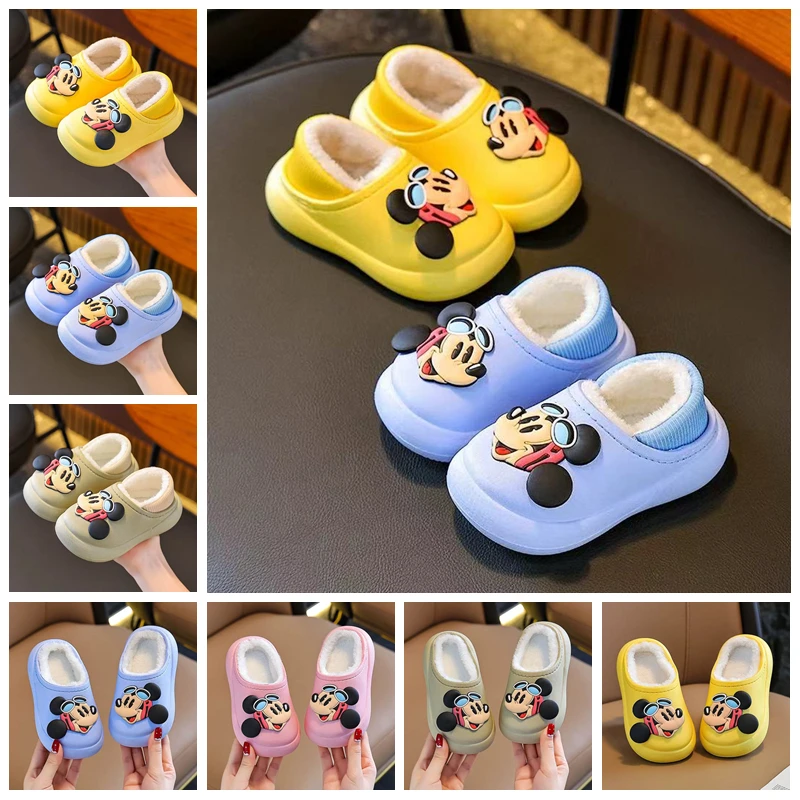 

Disney Winter Children Cotton Slippers Baby Boys Girls Cartoon Mickey Mouse Print Kids Non Slip Warm Plush Cover Heel Home Shoes
