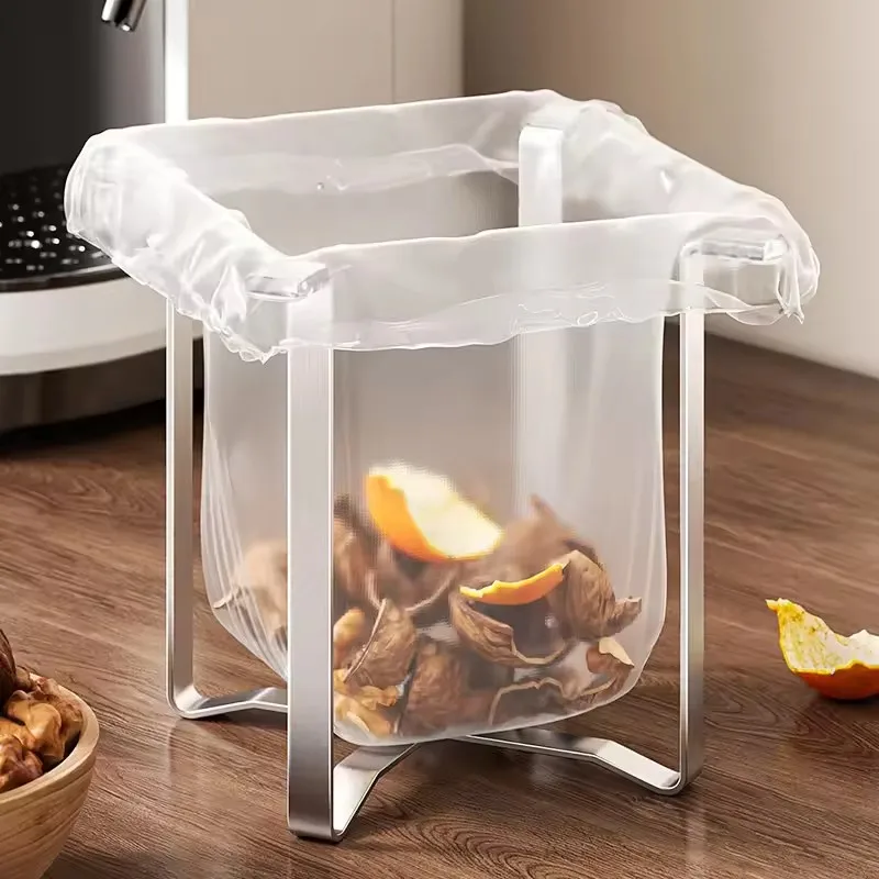 Stainless Steel Foldable Trash Bag Holder - Kitchen Countertop Garbage Bag Stand & Organizer