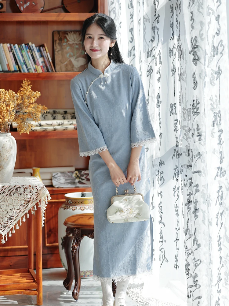 

Вязаное платье-рубашка с завышенной талией и расклешенными рукавами, эластичное, в винтажном стиле, для весны и осени, длинная юбка, повседневная одежда, цветное