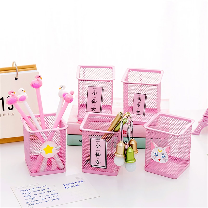 Pencil Cases Kawaii Korean Style Home Office Creative Pen Holder Square Round Pen Pot Fairy Pink Stationery Storage Bucket