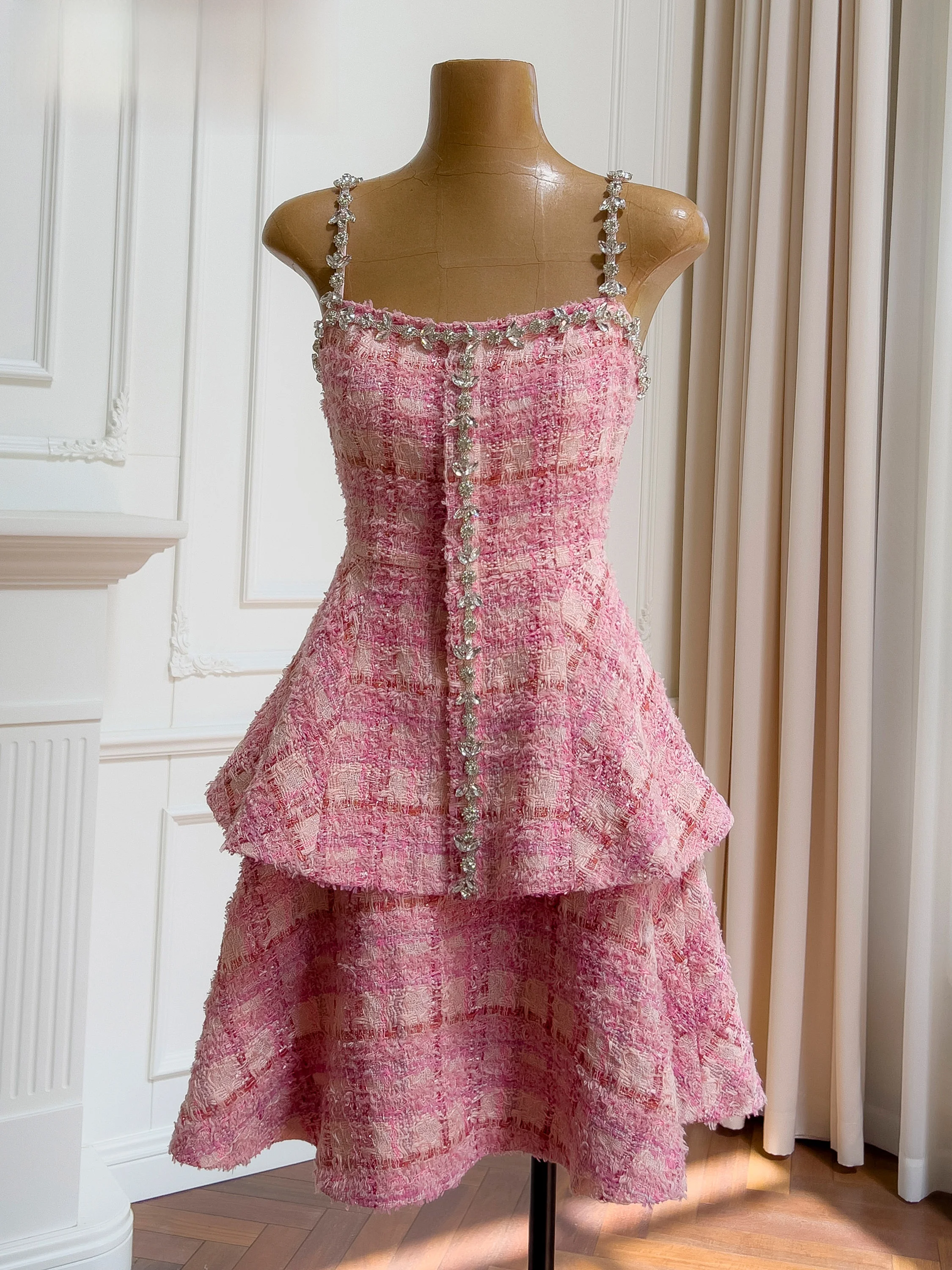 Faionable Tweed Set Ele Waist-Cinching Top And  Skirt Retro Two-Piece Women's Ensemble Pink Color Zipper Closure