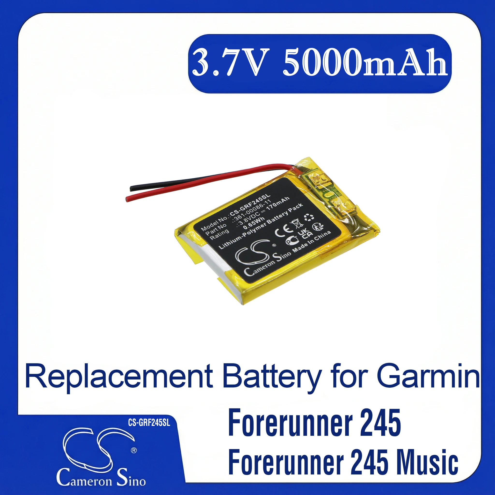 

Cameron Sino Replacement Battery for Garmin Forerunner 245, Forerunner 245 Music, Fits P/N 361-00086-11