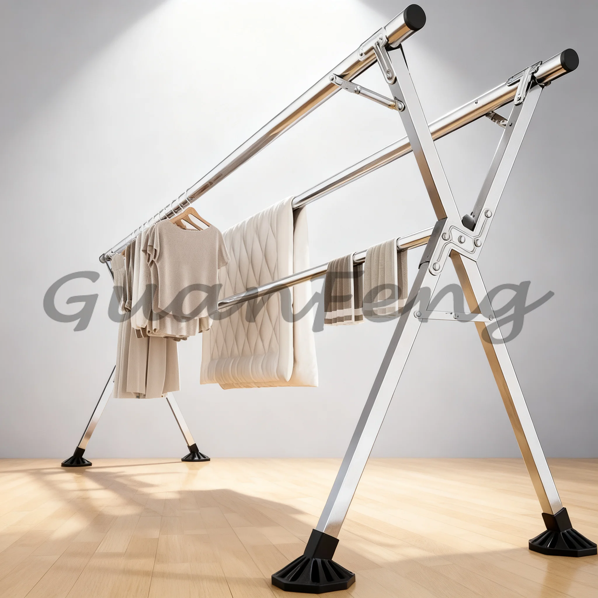 Stainless Steel Adjustable Double Pole Floor Standing Drying Rack, Indoor Balcony Blanket Laundry Airer