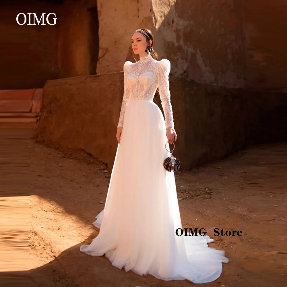 

OIMG Modest High Neck Puff Long Sleeves Lace Wedding Dresses Boho Soft Tulle Floor Length Elegant Bridal Gowns Vestido de noiva