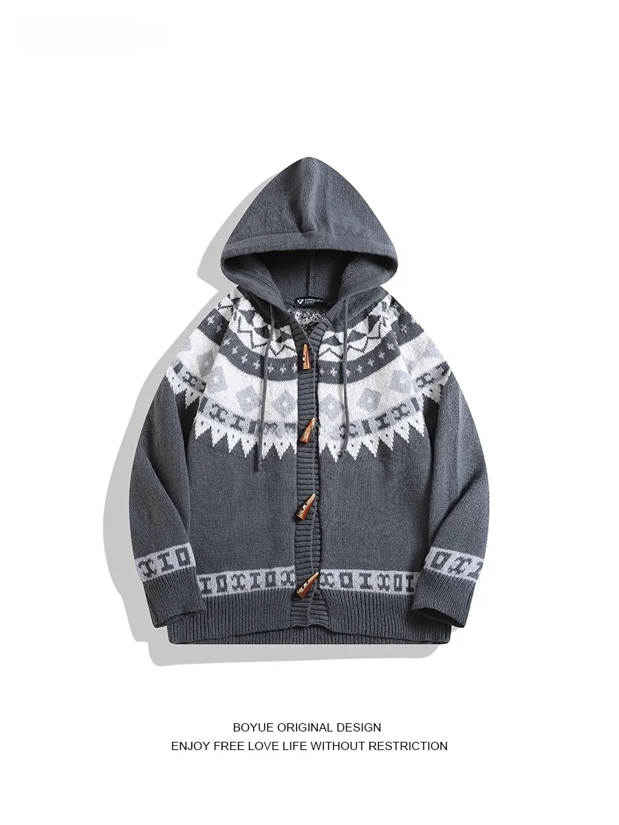 

Мужской повседневный вязаный кардиган Boyue с капюшоном на пуговицах, в винтажном стиле, теплый, комфортный, с длинными рукавами, зимний