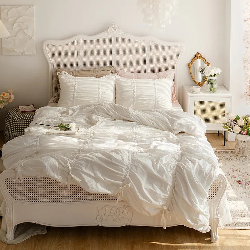 Luxury Solid Washed Cotton Pinch Pleat Quilt Cover Set with Bows Aesthetic Soft Duvet Cover for Master Bedroom 220x240cm 200x230