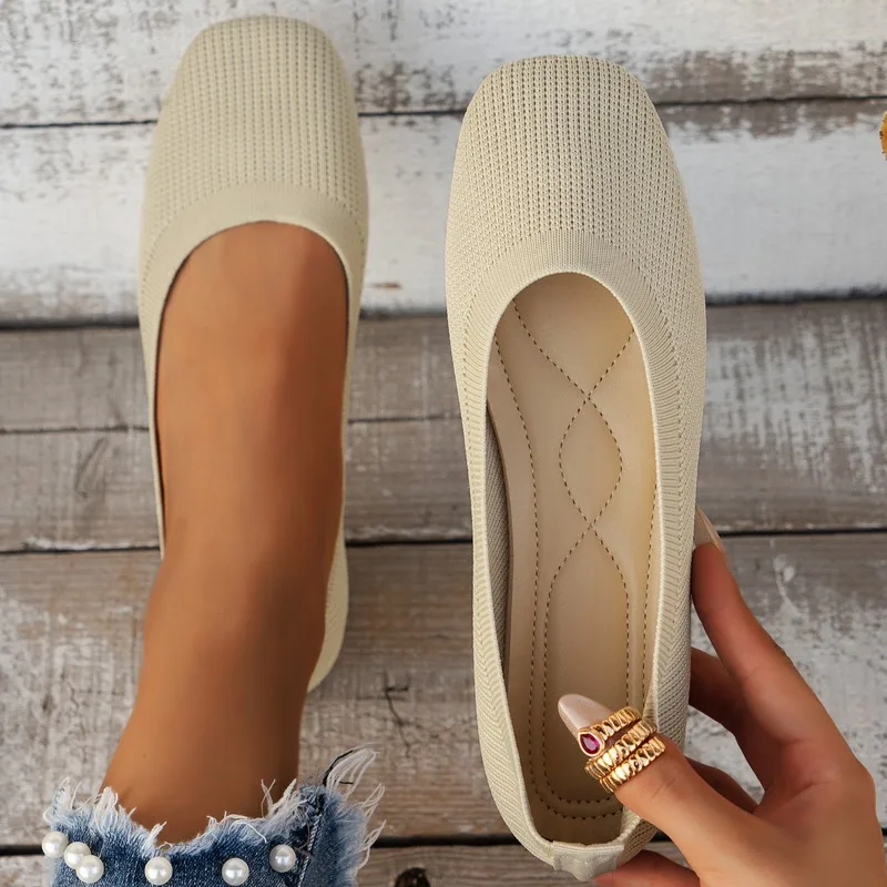 

Women Round Toe Flat Shoes Solid Color Knitted Slip on Shoes Casual Breathable Ballet Flats Women Mesh Flat Shoes Loafers Woman